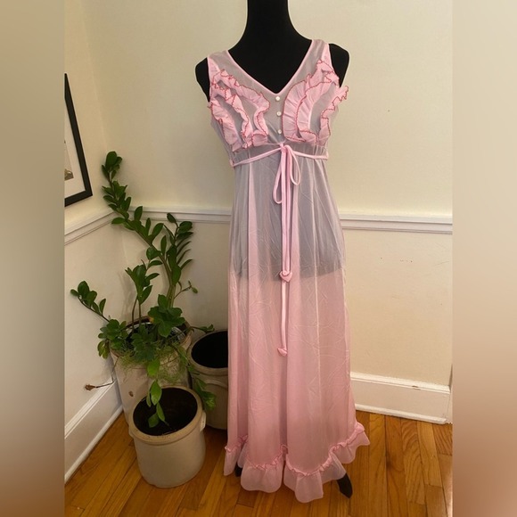 Vintage 50s Empress sheer long Lingerie Dress nightgown ruffle nylon SLIP PINK L - Picture 1 of 11